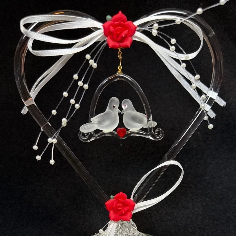 Glass Heart Love Birds Figurine Mirrored Base Red Rose Wedding Cake Topper VTG